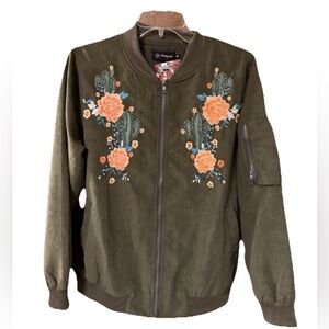 Merigold Kiss Sunset Olive Green Cactus Floral Embroidered Bomber Jacket Size S
